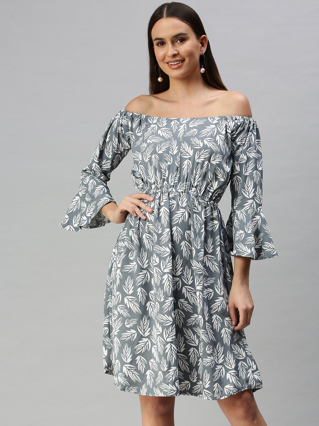 Women's Grey Tropical Off-Shoulder Crepe A-Line Dress