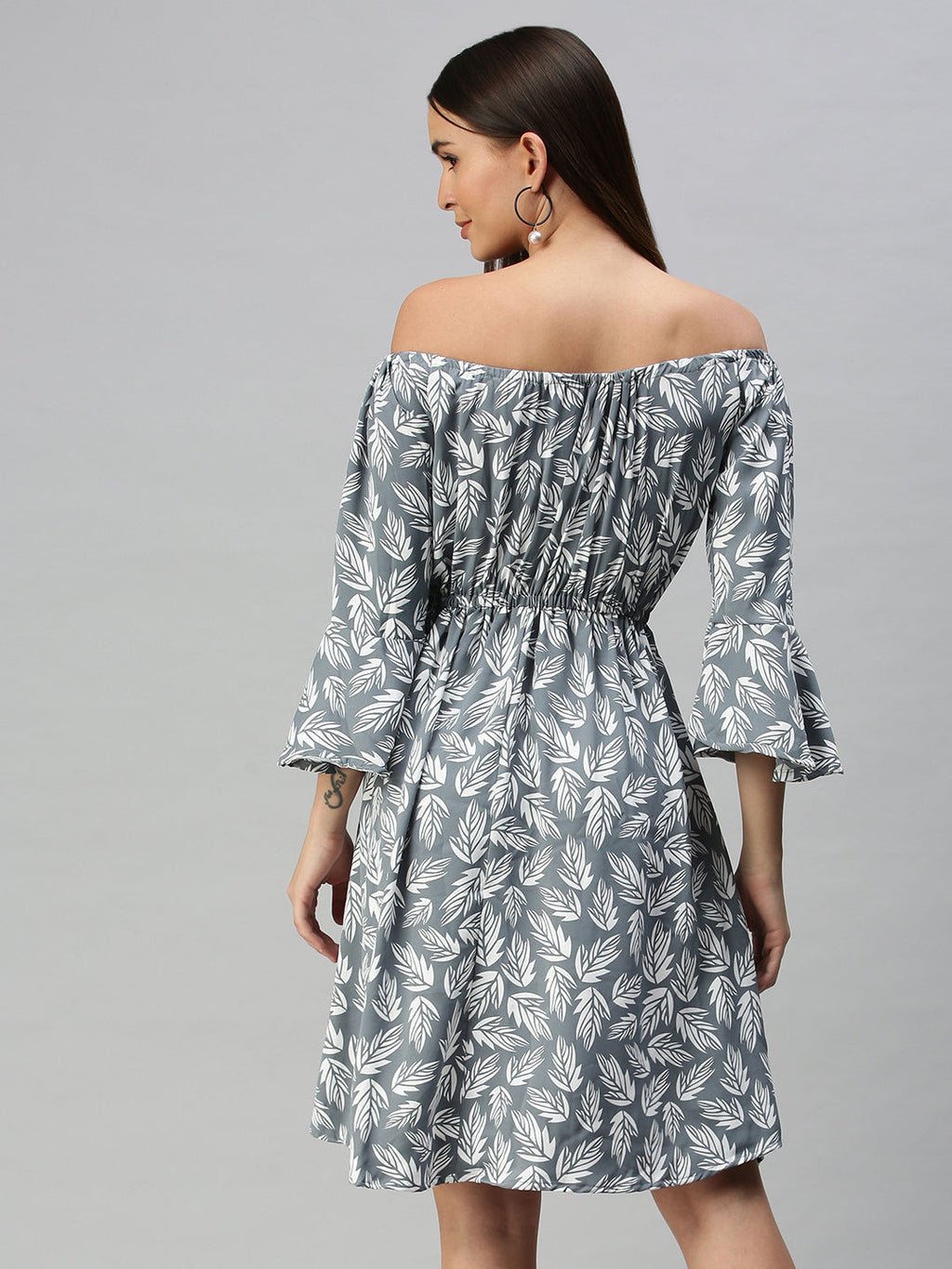 Women's Grey Tropical Off-Shoulder Crepe A-Line Dress