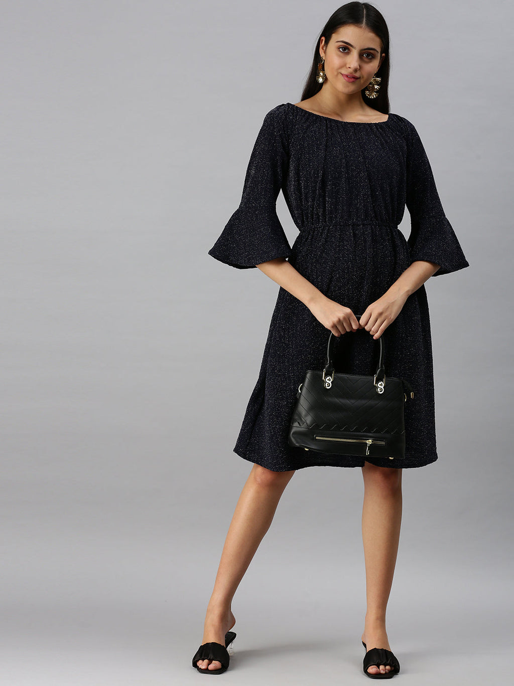 Women's Navy Blue Boat Neck A-Line Dress