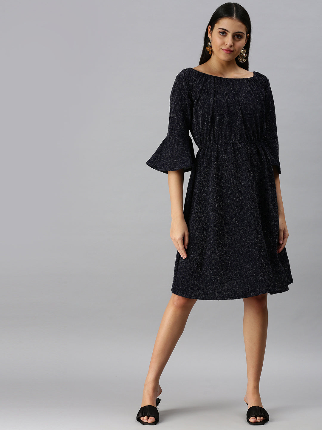 Women's Navy Blue Boat Neck A-Line Dress