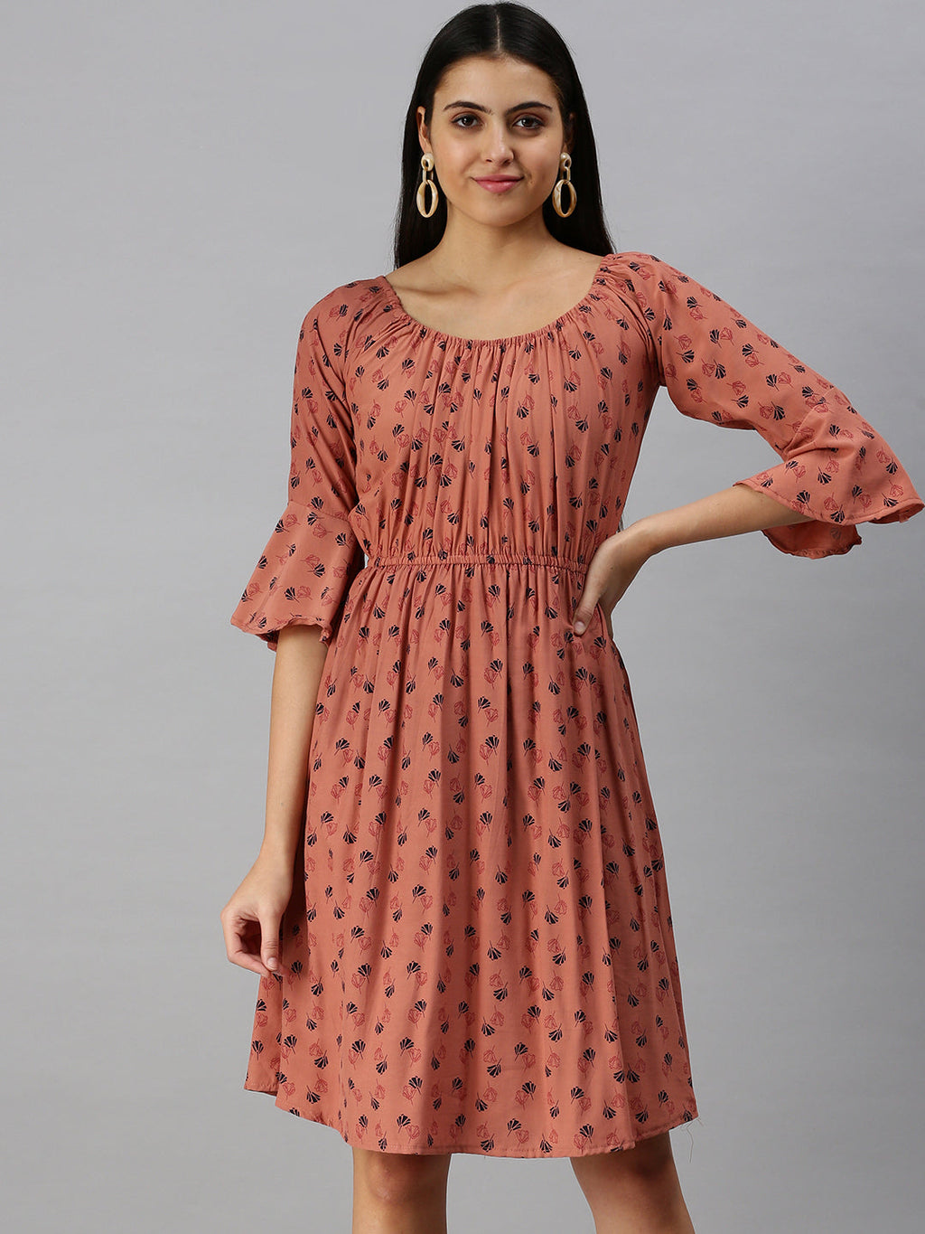 Women's Brown Floral A-Line Dress