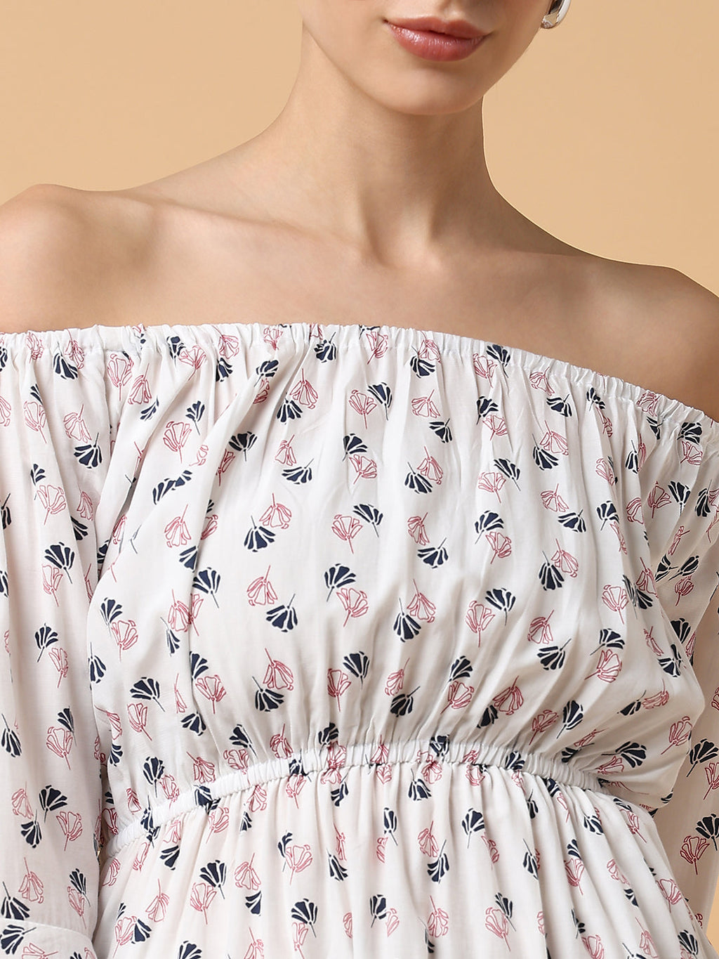Women's White Blue Off-Shoulder Crepe Dress