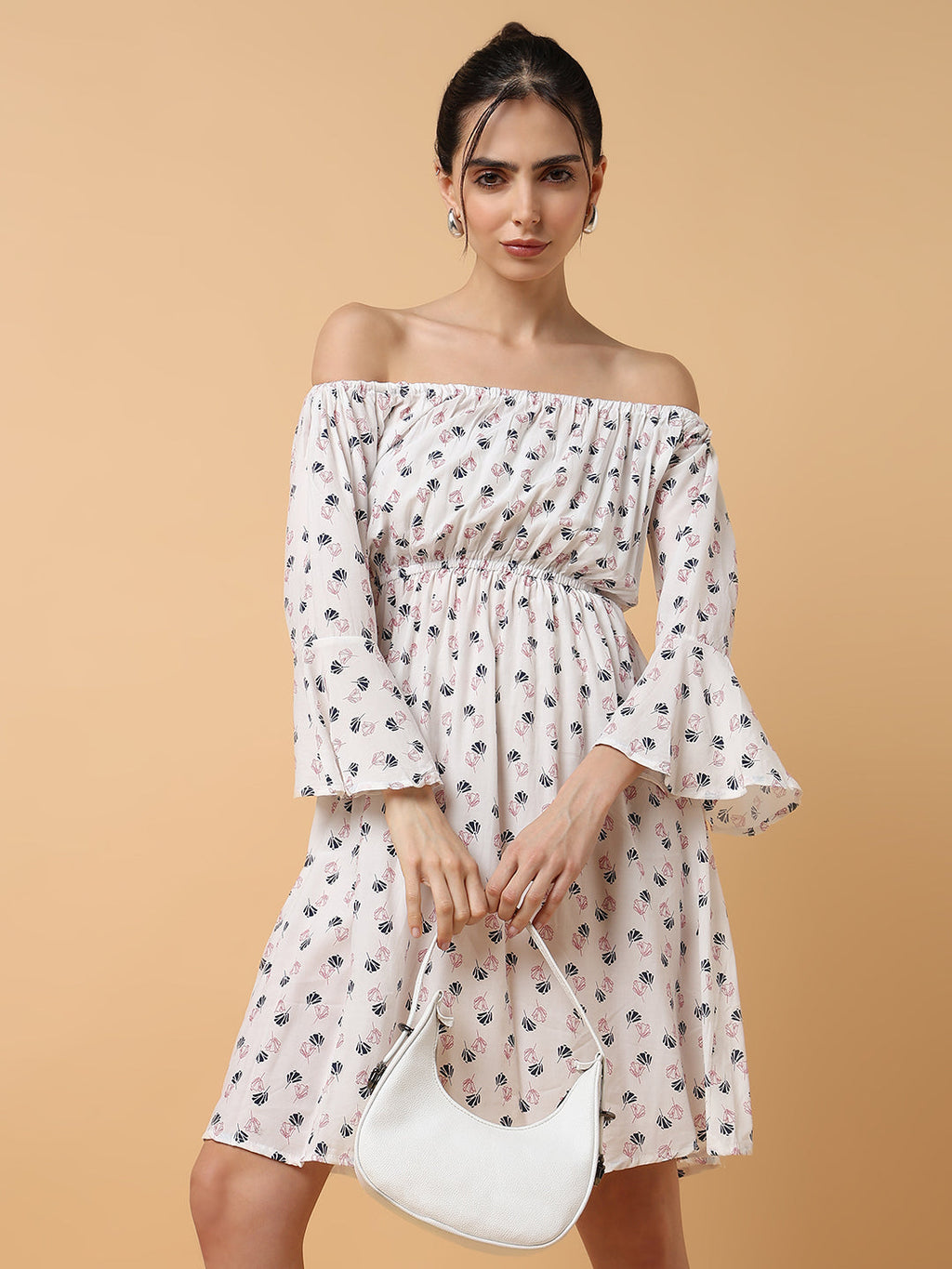 Women's White Blue Off-Shoulder Crepe Dress