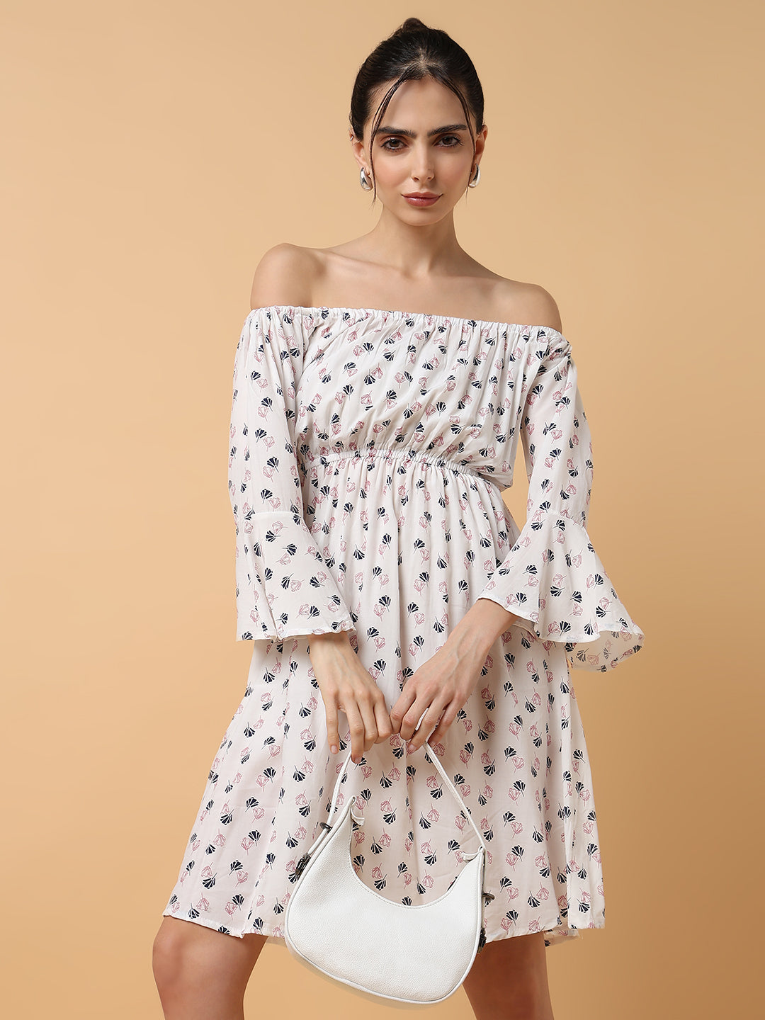 Women's White Blue Off-Shoulder Crepe Dress