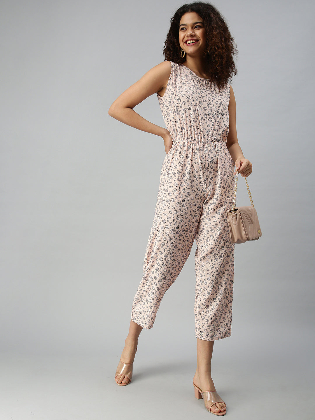Women's Peach Printed Basic Jumpsuit