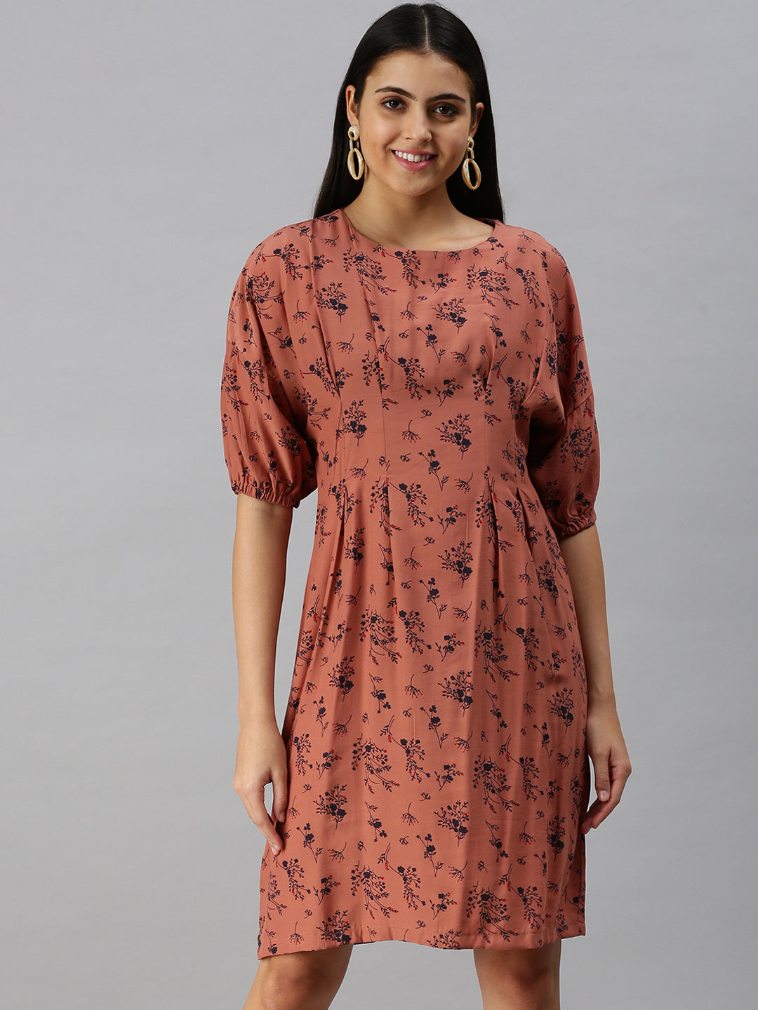 Women's Brown Floral Crepe A-Line Dress