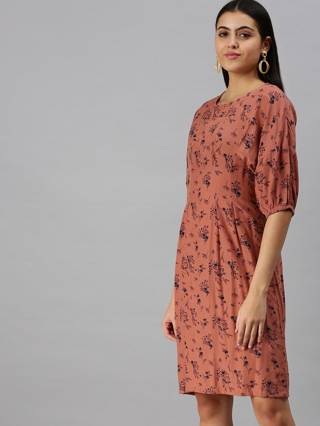 Women's Brown Floral Crepe A-Line Dress