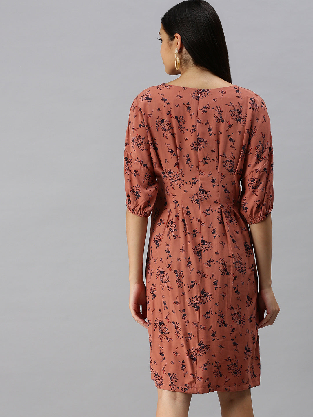 Women's Brown Floral Crepe A-Line Dress