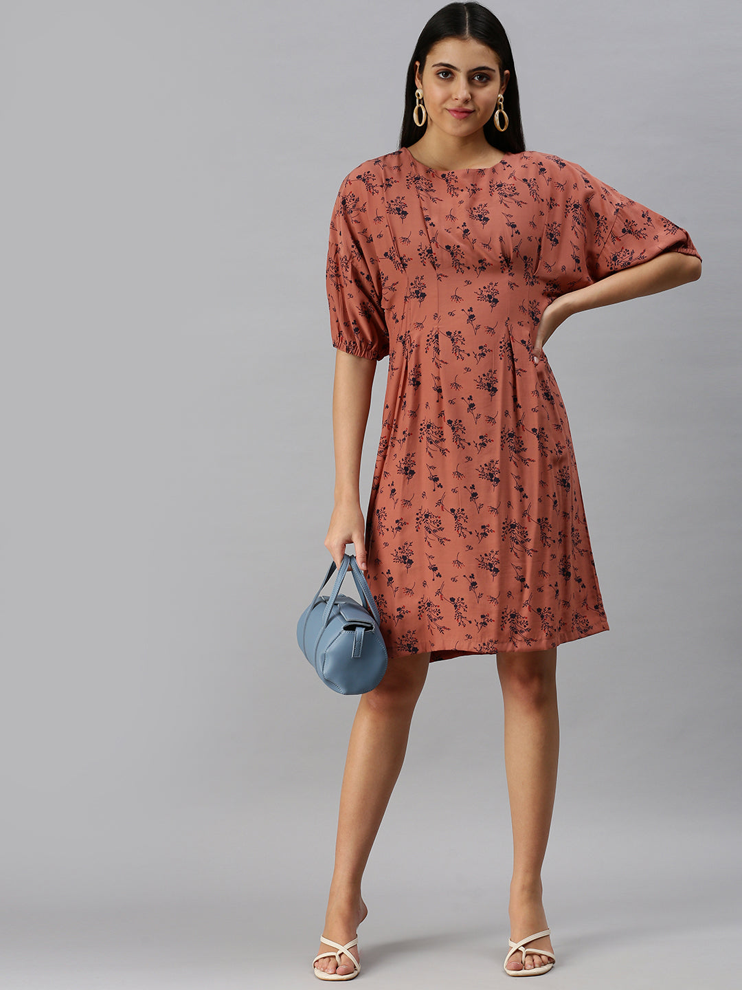 Women's Brown Floral Crepe A-Line Dress