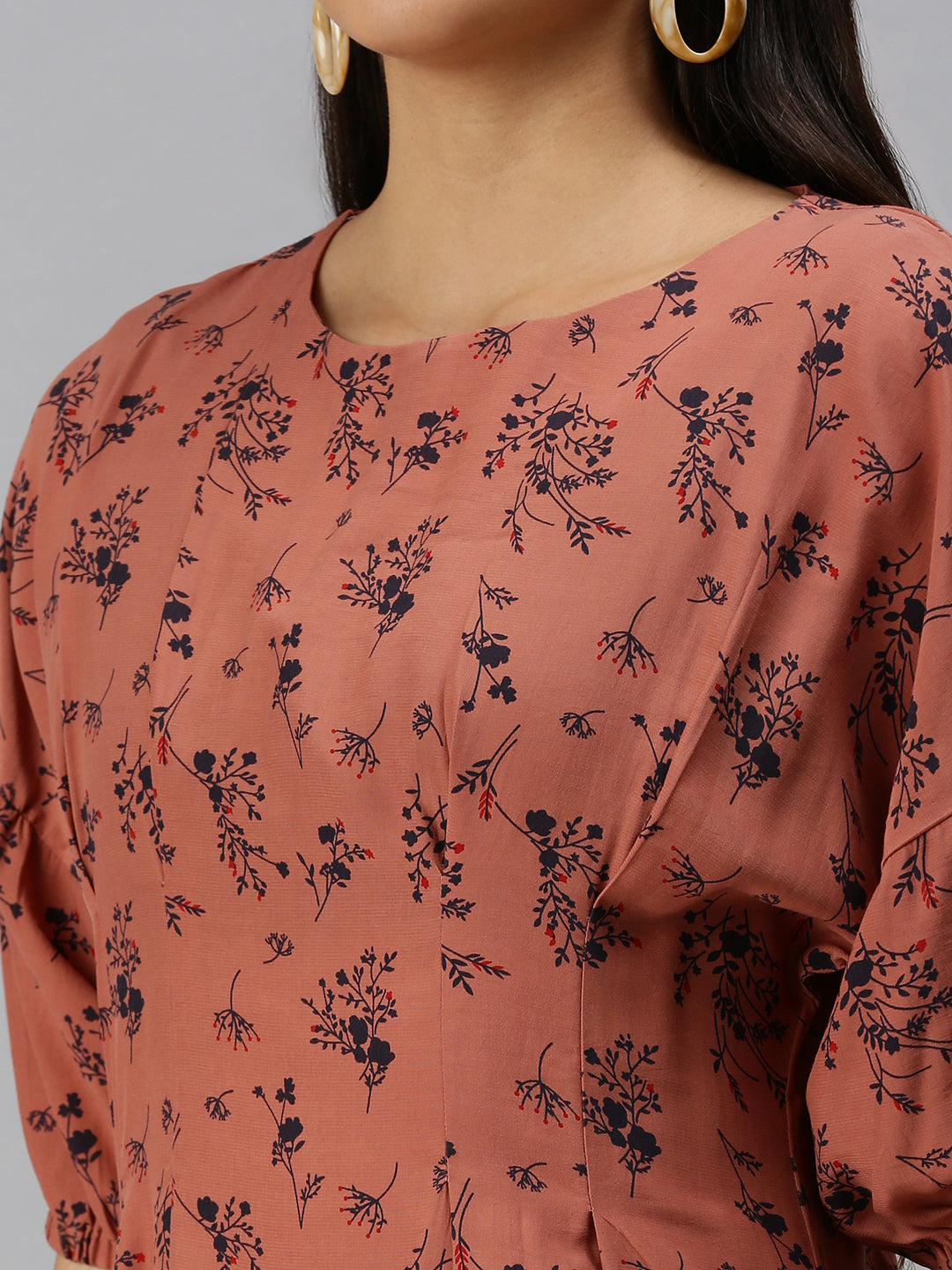 Women's Brown Floral Crepe A-Line Dress
