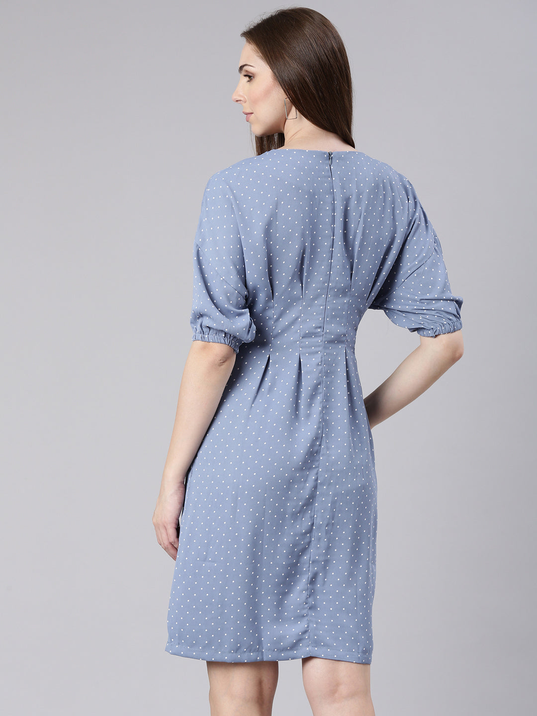 Women's Blue Polka Dot Printed Cotton A-Line Dress