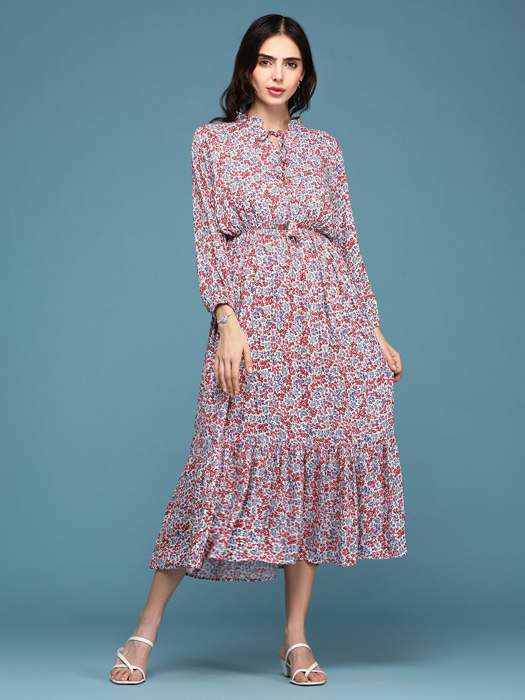 Women's White Floral Tie-Up Neck Midi Dress