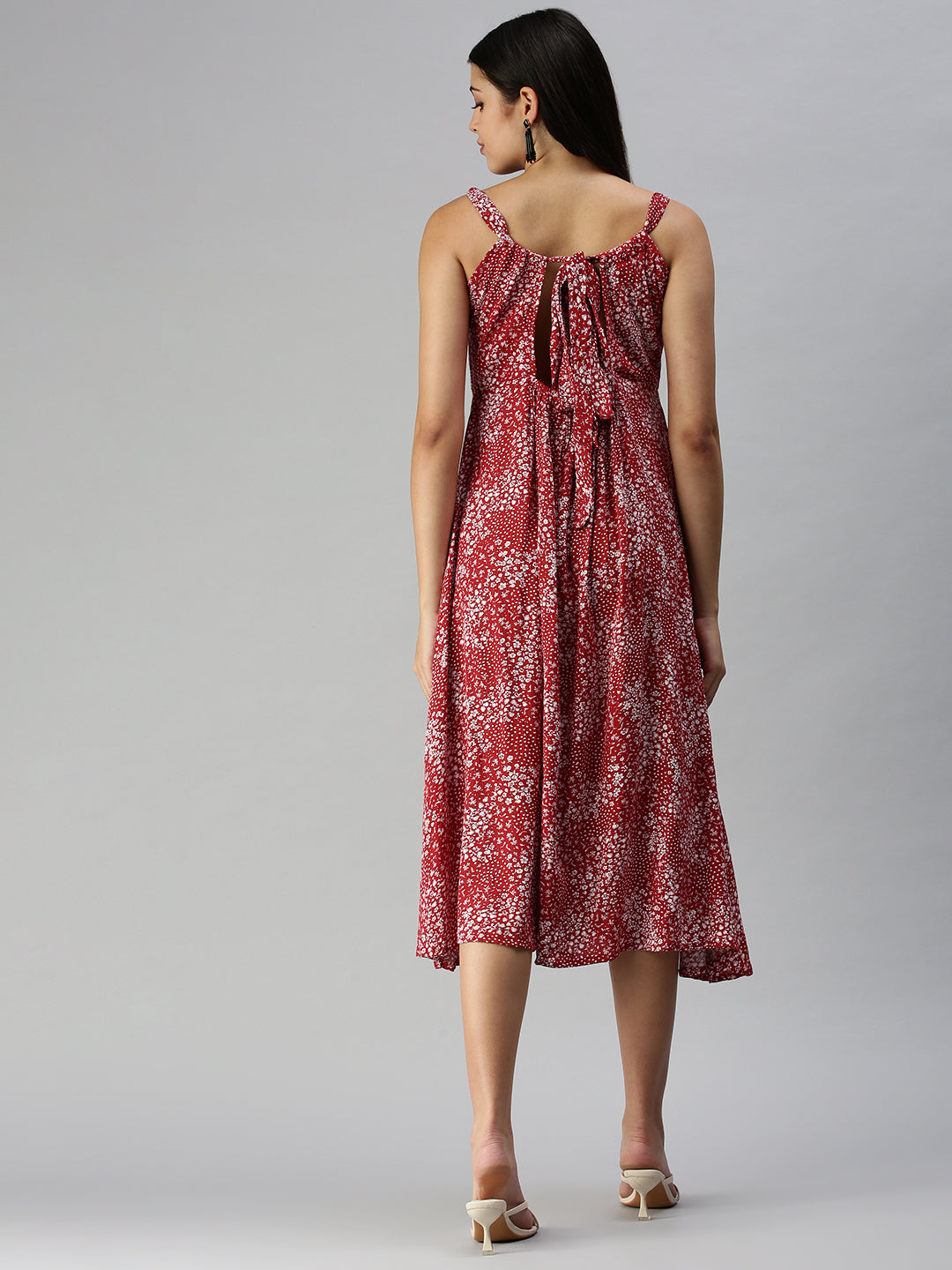 Women's Red Floral A-Line Midi Dress