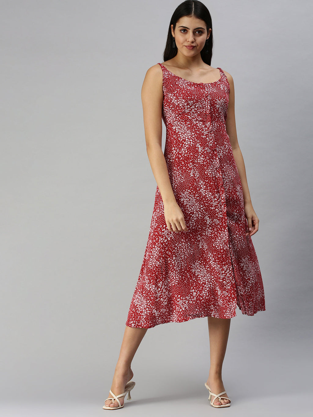 Women's Red Floral A-Line Midi Dress