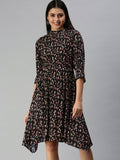 Women's Navy Blue Floral Crepe Midi Dress