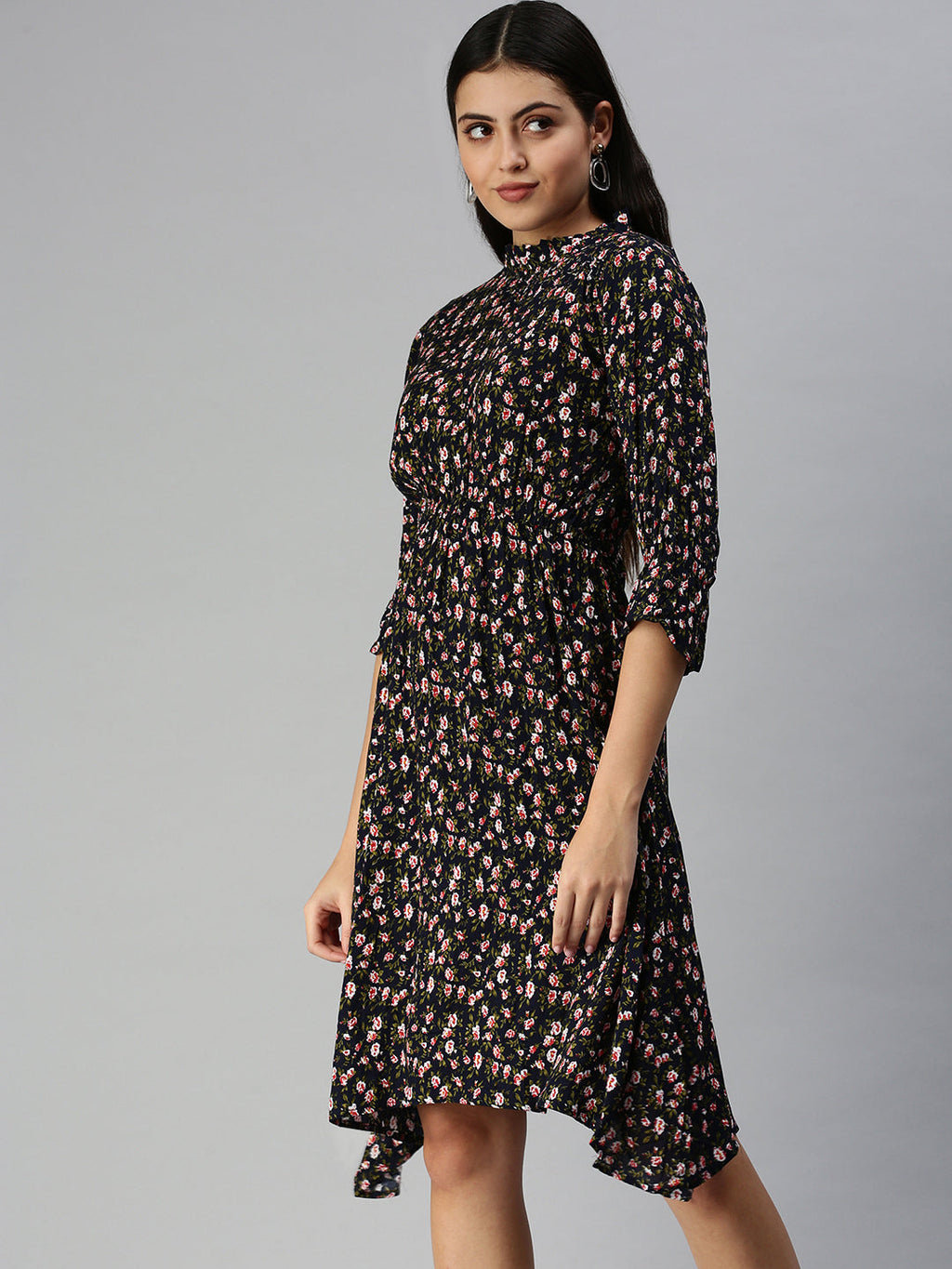 Women's Navy Blue Floral Crepe Midi Dress