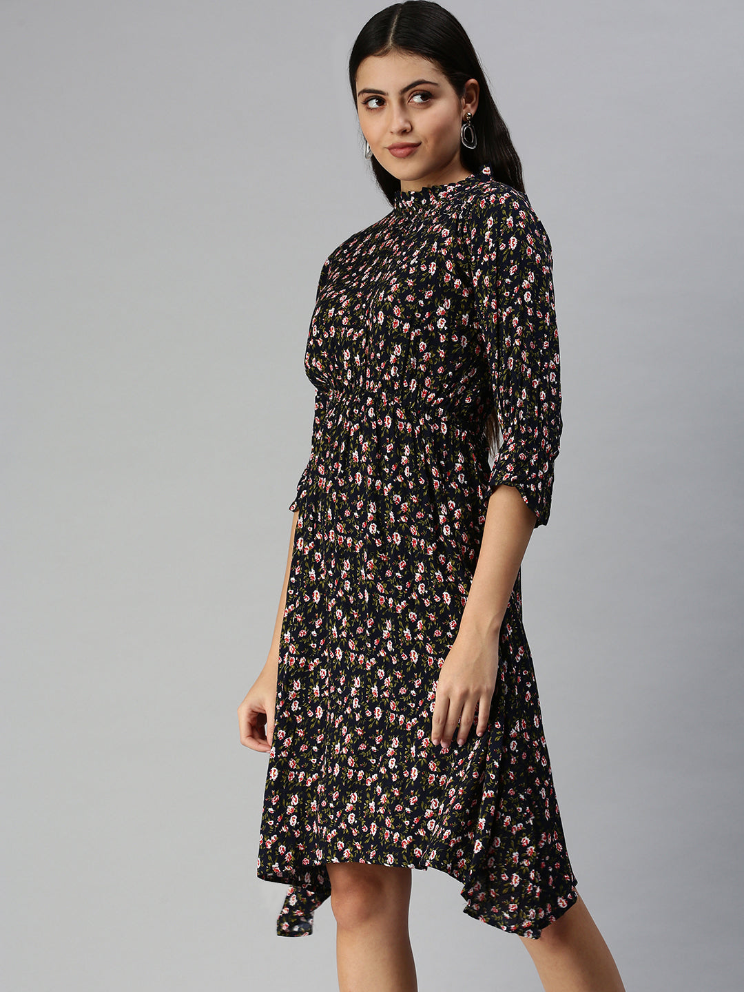 Women's Navy Blue Floral Crepe Midi Dress