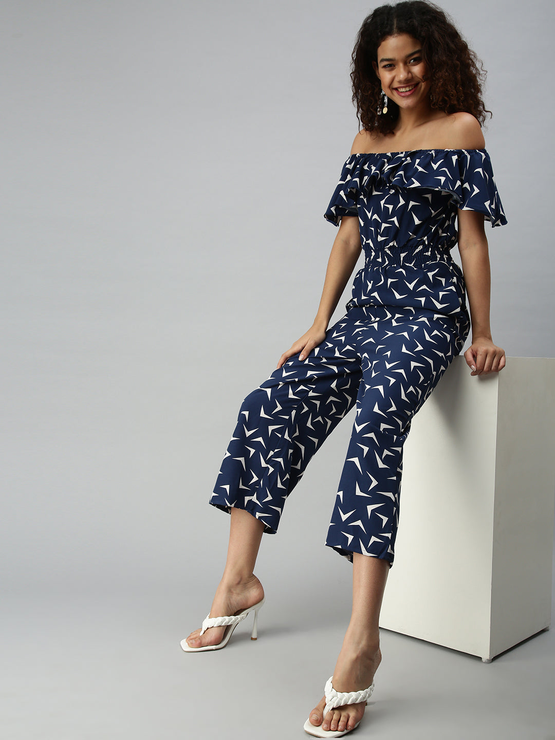 Women's Blue Off-Shoulder Printed Basic Jumpsuit