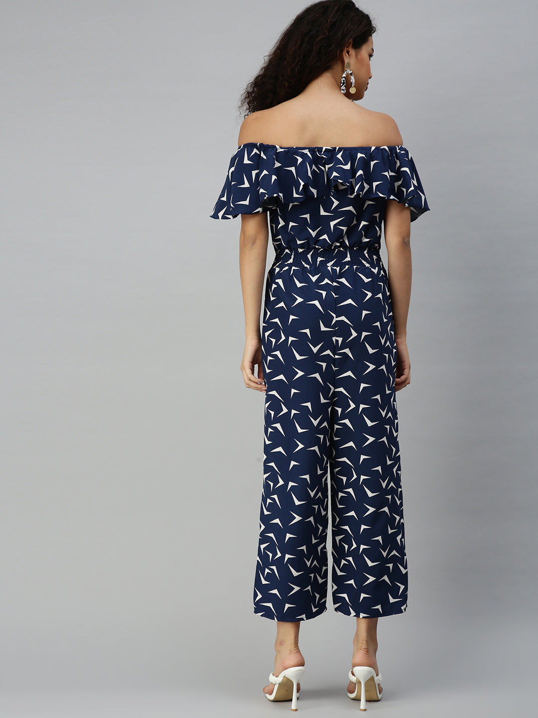 Women's Blue Off-Shoulder Printed Basic Jumpsuit