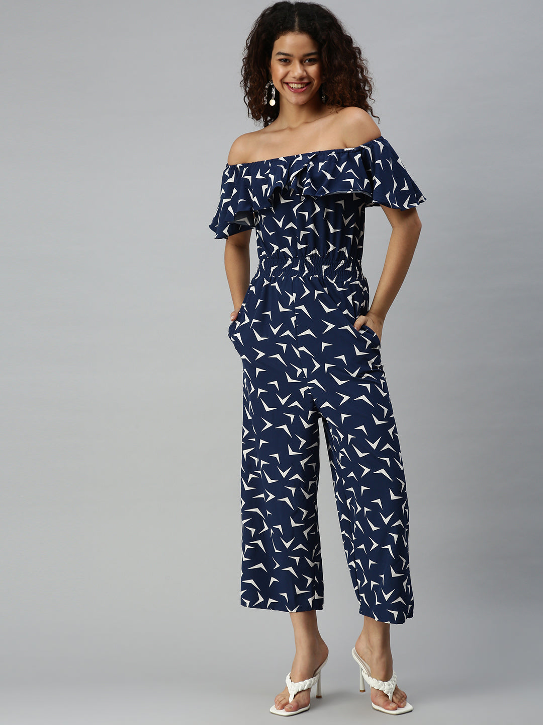Women's Blue Off-Shoulder Printed Basic Jumpsuit