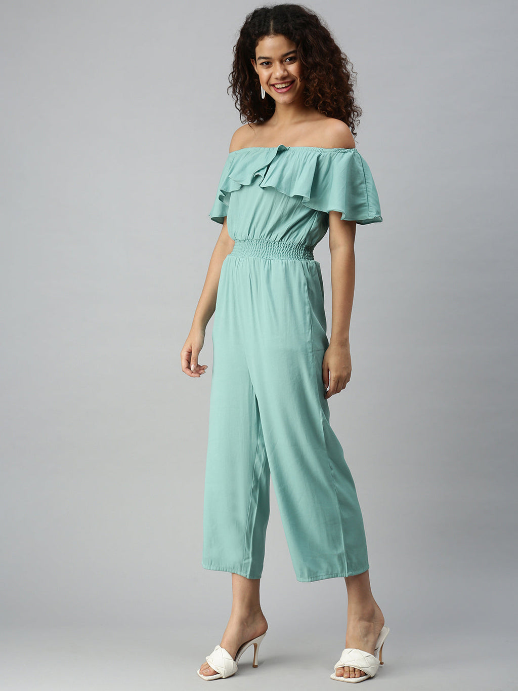 Women's Green Off-Shoulder Basic Cotton Jumpsuit