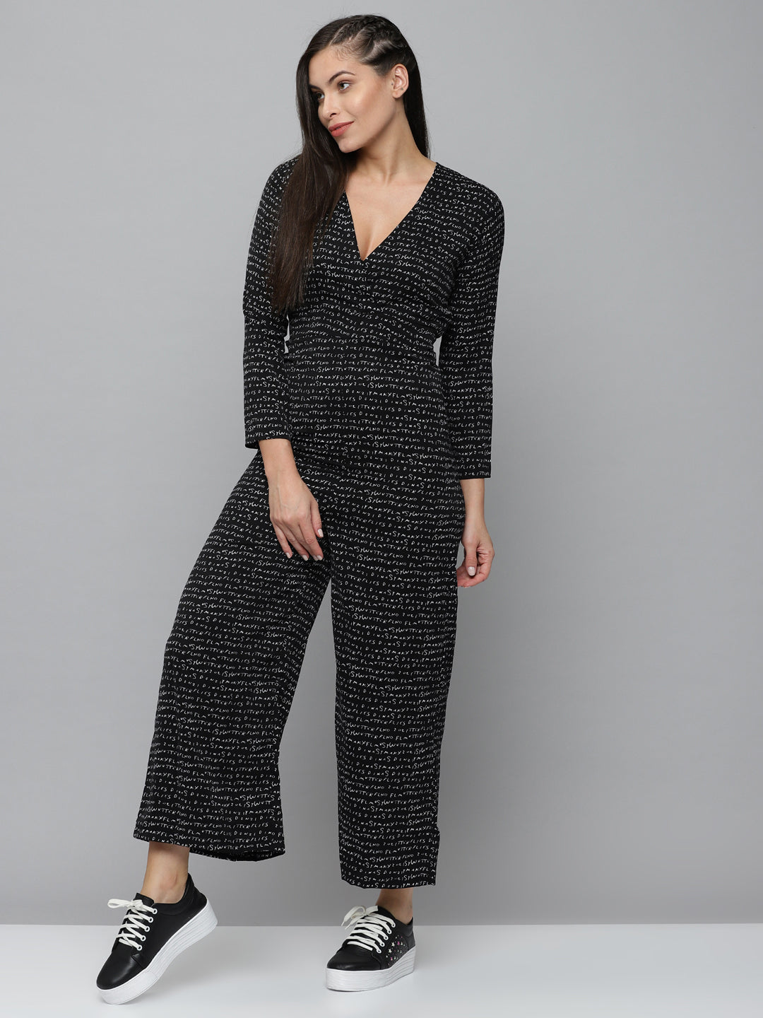Women's Black Printed V-Neck Long Sleeves Basic Jumpsuit