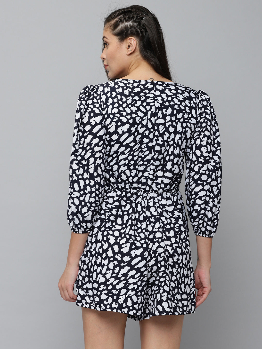 Women's Navy Blue Printed V-Neck Three-Quarter Sleeves Jumpsuit