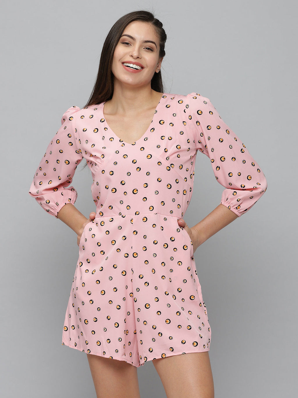 Women's Pink Printed V-Neck Three-Quarter Sleeves Jumpsuit