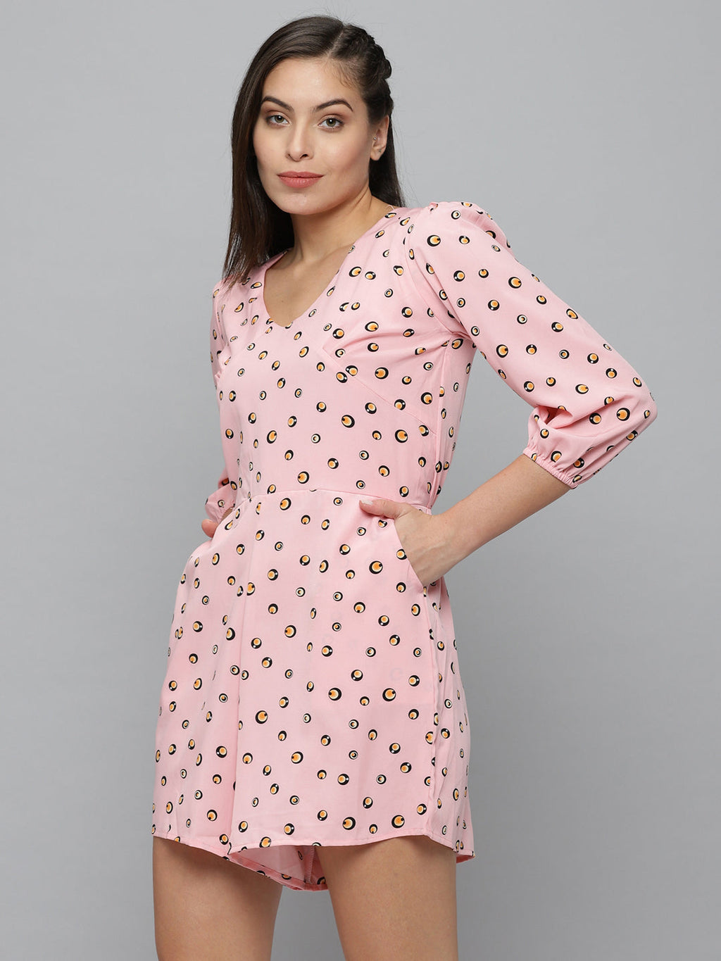 Women's Pink Printed V-Neck Three-Quarter Sleeves Jumpsuit