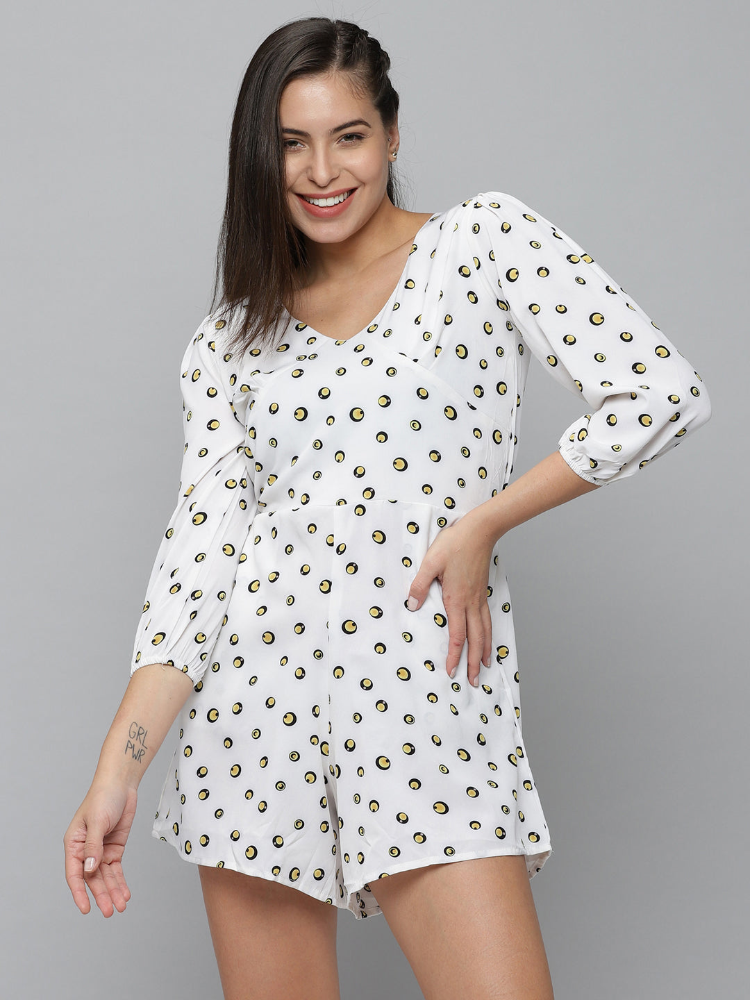 Women's White Printed V-Neck Three-Quarter Sleeves Jumpsuit