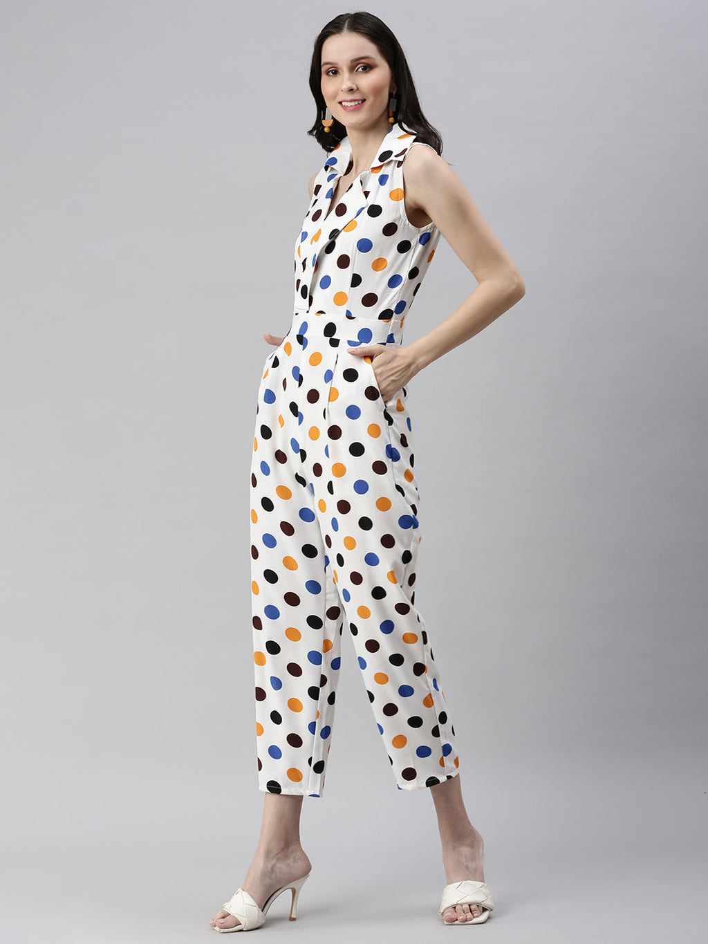 Women's Off White Shawl Neck Printed Basic Jumpsuit