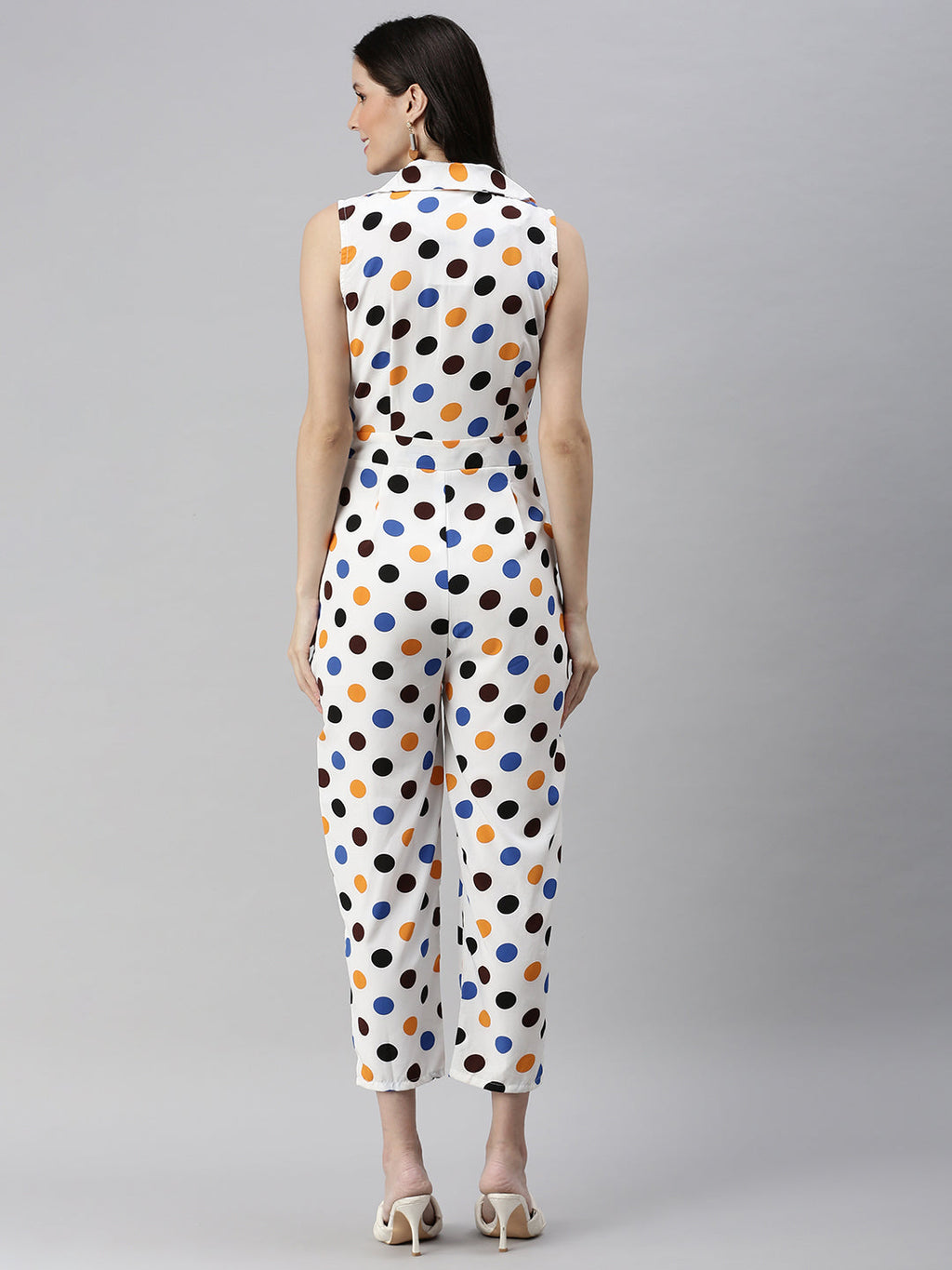 Women's Off White Shawl Neck Printed Basic Jumpsuit