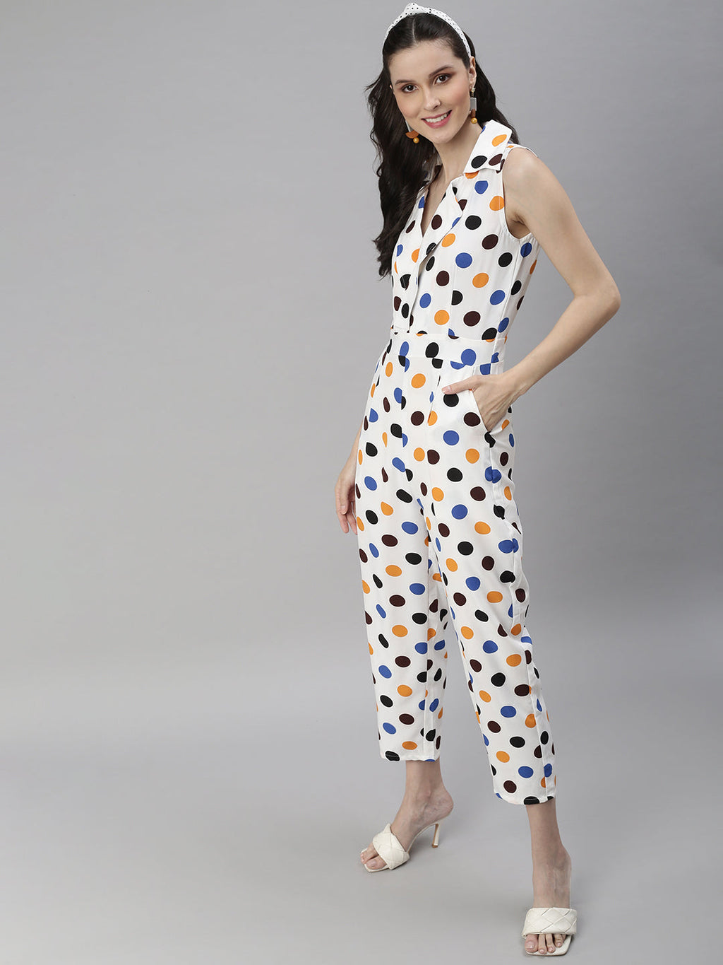 Women's Off White Shawl Neck Printed Basic Jumpsuit