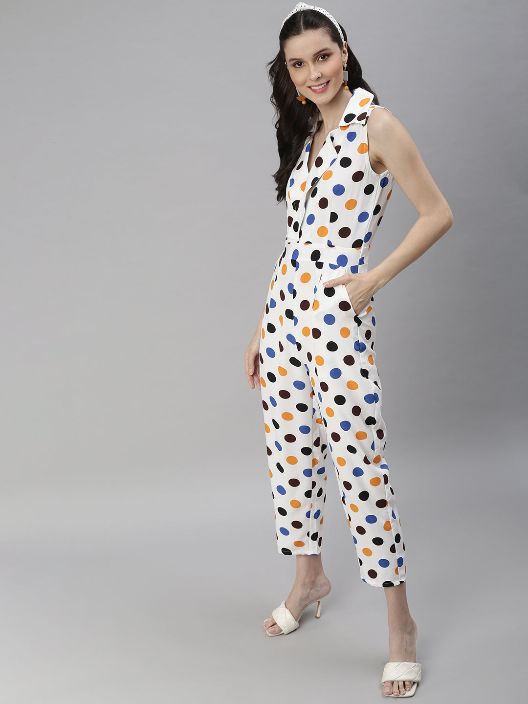 Women's Off White Shawl Neck Printed Basic Jumpsuit