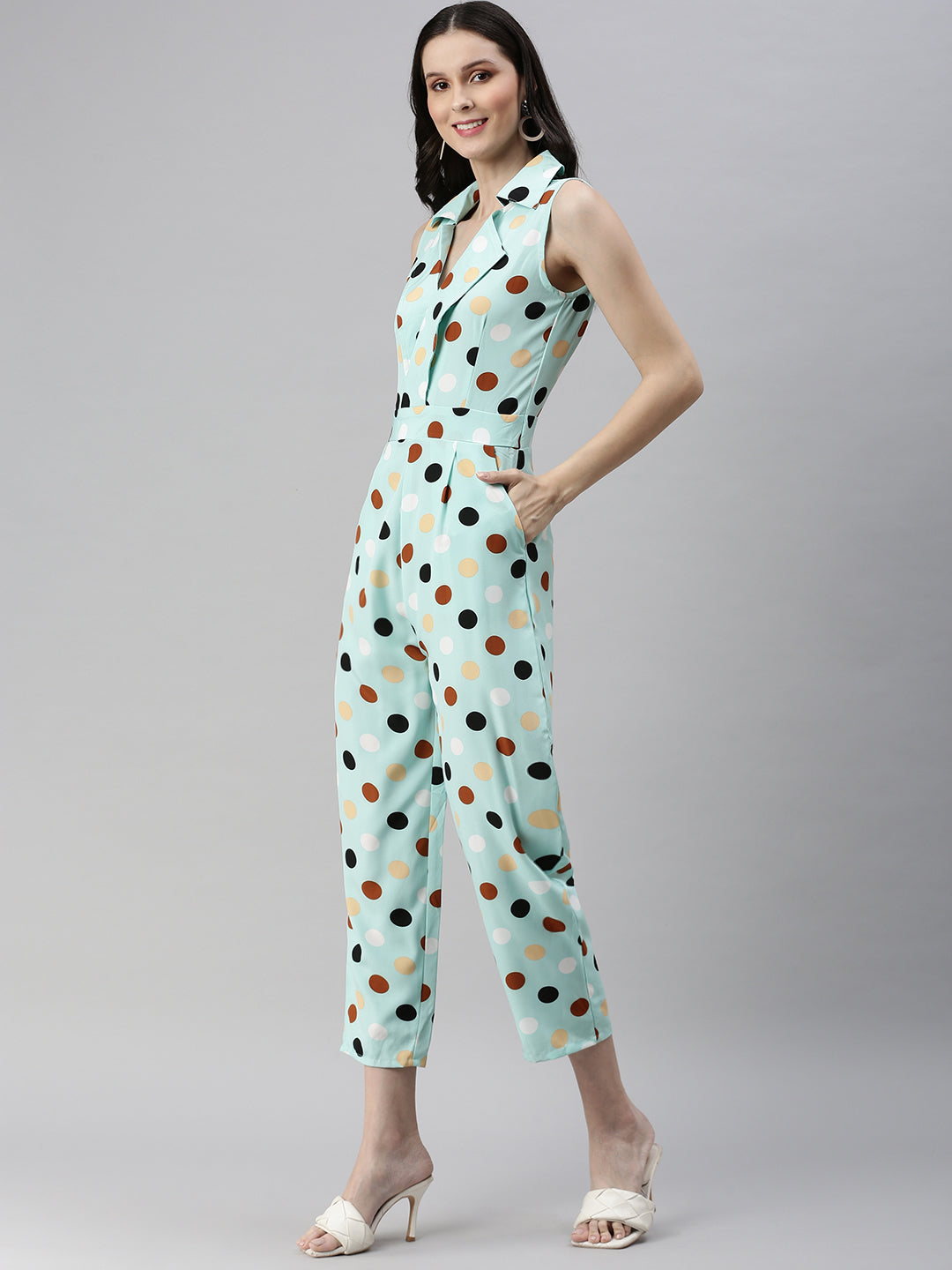 Women's Sea Green Printed Sleeveless Basic Jumpsuit