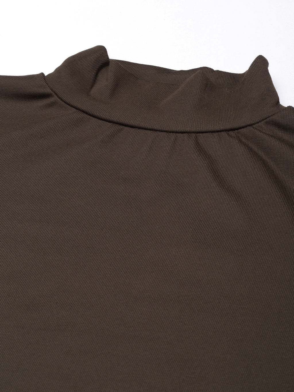 Women's Olive High Neck Roll-Up Sleeves Fitted Top