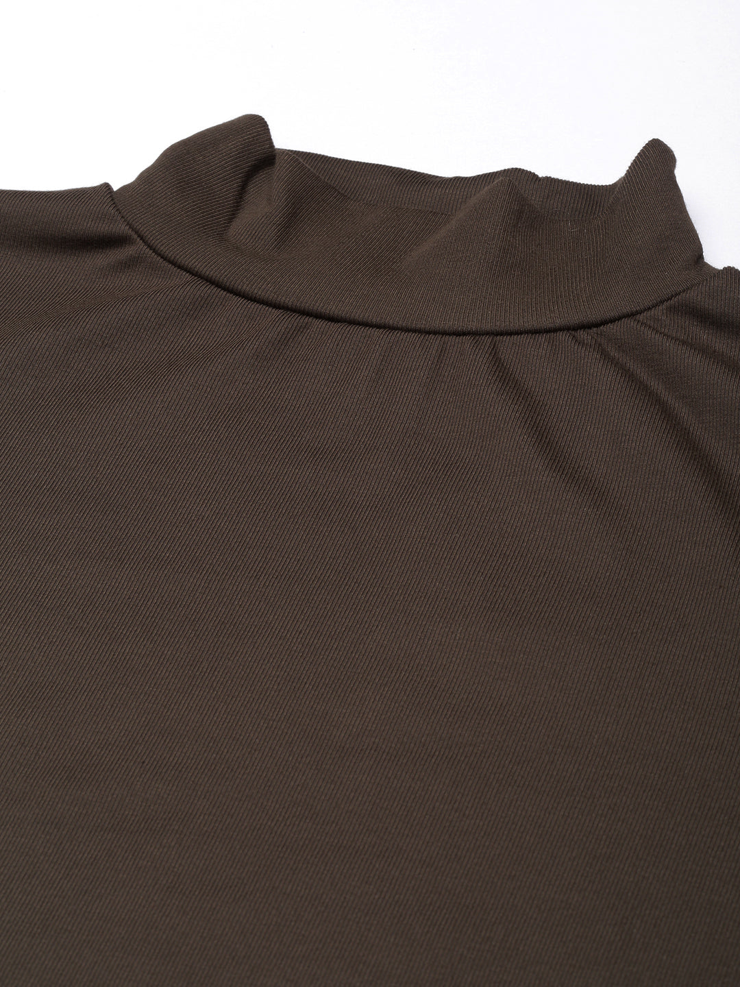 Women's Olive High Neck Roll-Up Sleeves Fitted Top