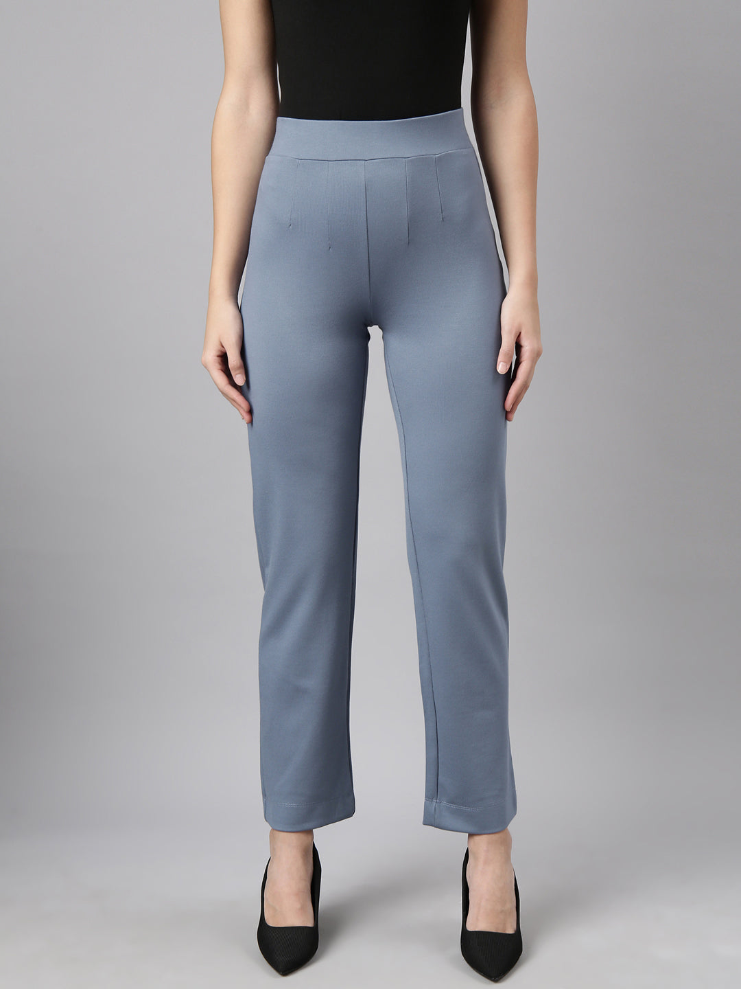 Women's Blue Comfort Straight Fit Cotton Regular Trouser