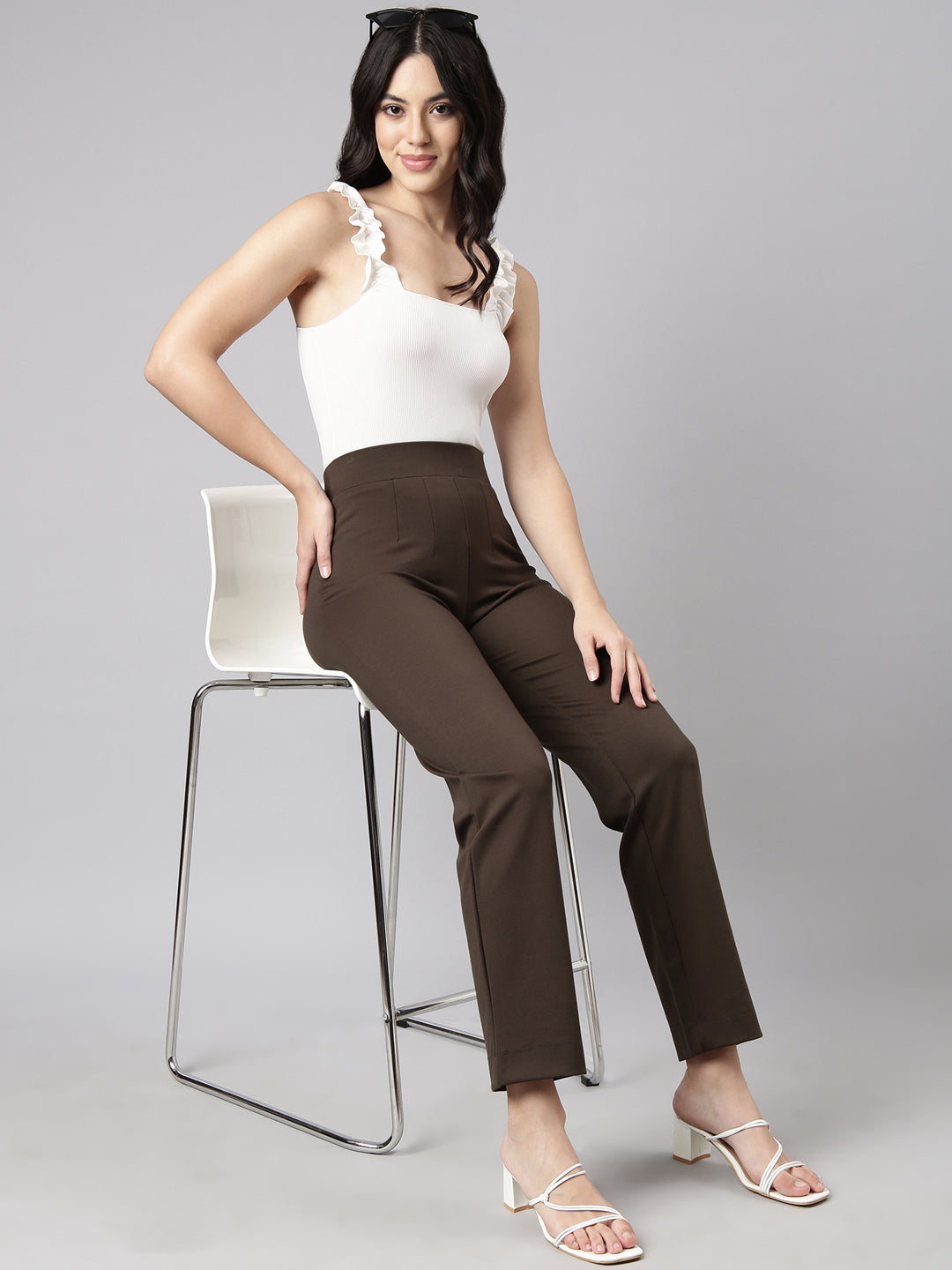 Women's Olive Cotton Comfort Straight Fit Regular Trousers