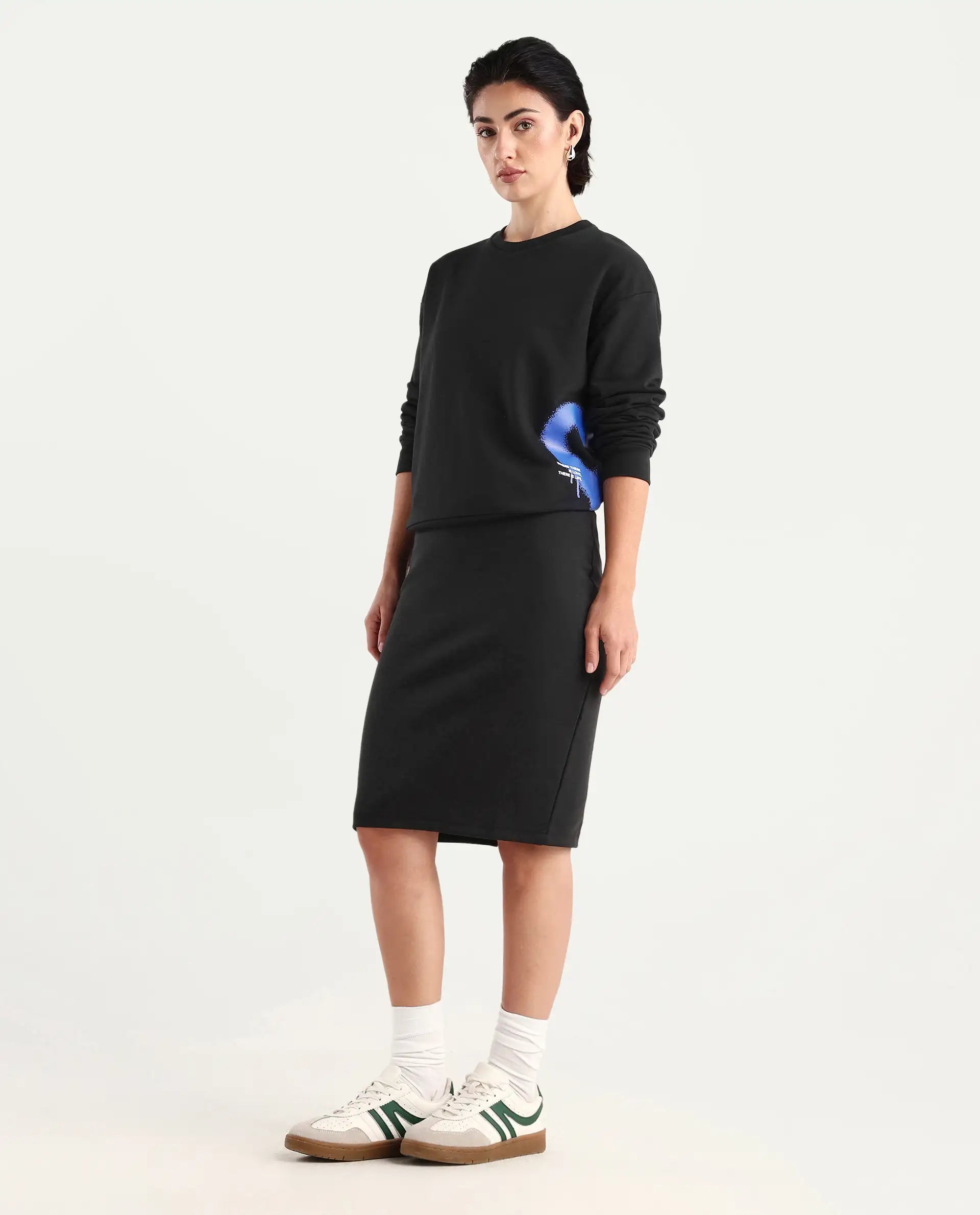 Rareism Women's Afsko B Black Cotton Blend Plain Midi Straight Fit Skirt
