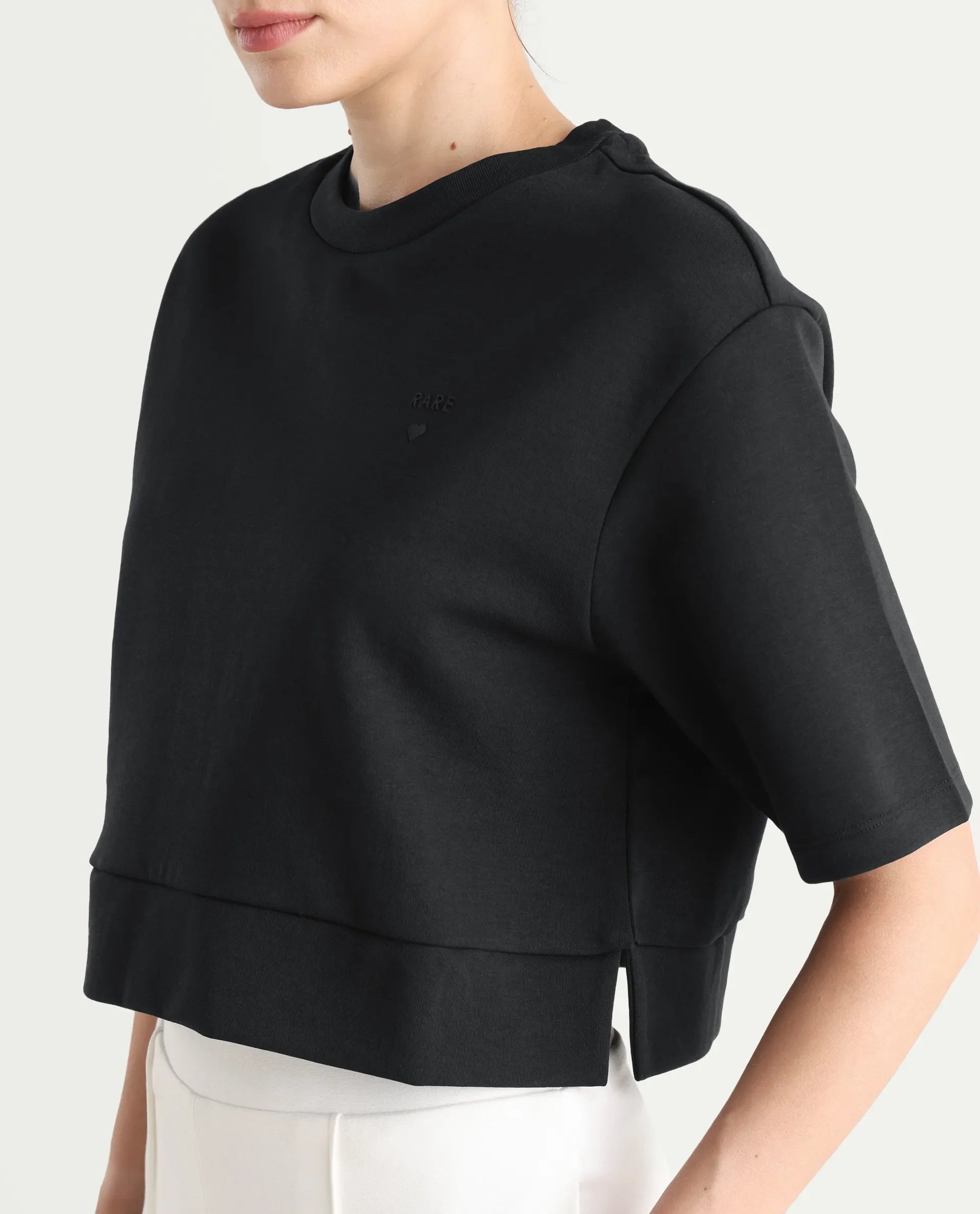 Rareism Women's Aftok T Black Cotton Blend Crew Neck Plain Crop Regular Fit T-Shirt