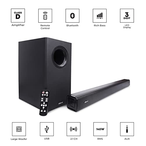 Akai SB140, 2.1 Channel Soundbar with 140 Watts Wired Subwoofer for Extra Deep Bass, Black