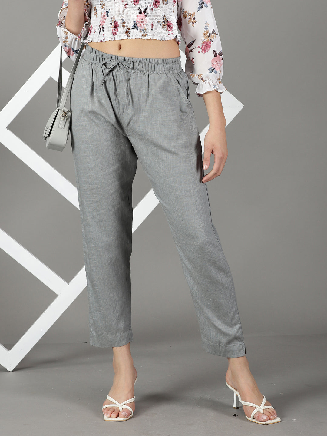 Women's Grey Pure Cotton Regular Fit Mid-Rise Trousers