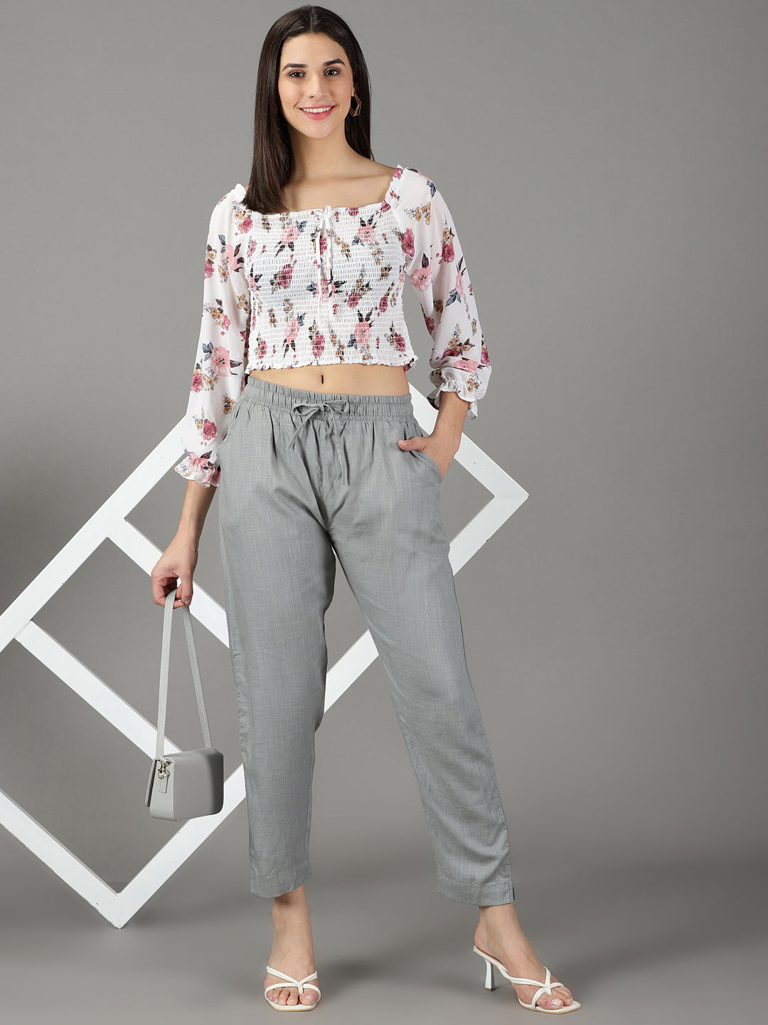 Women's Grey Pure Cotton Regular Fit Mid-Rise Trousers