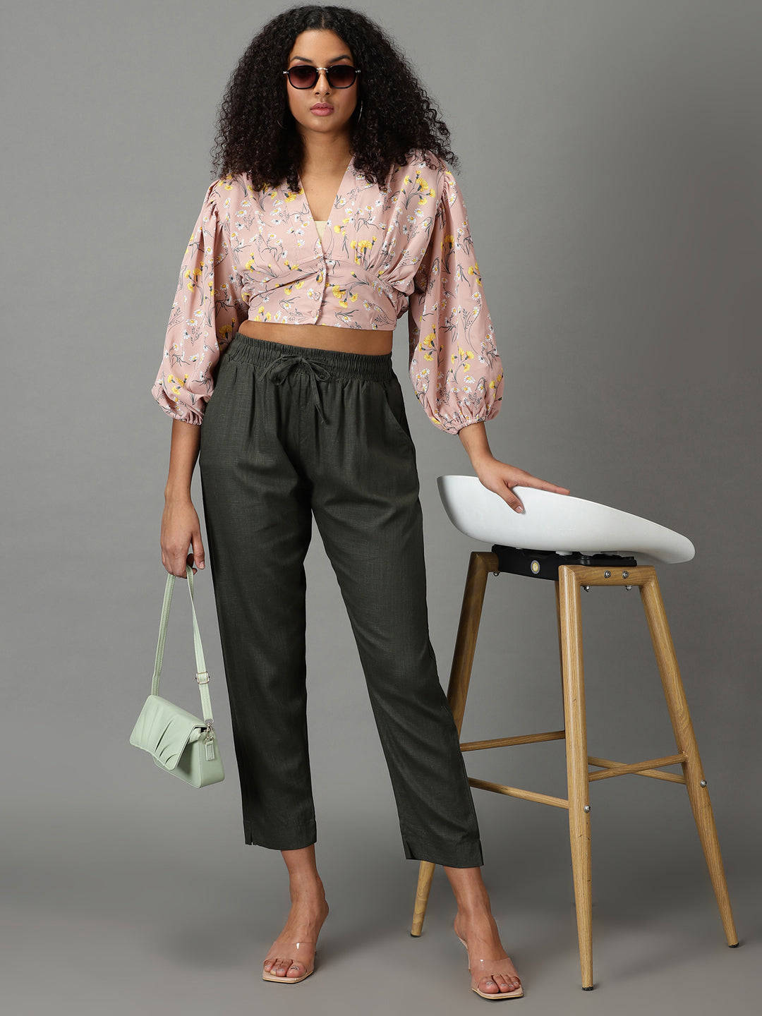 Women's Olive Pure Cotton Regular Fit Mid-Rise Trousers