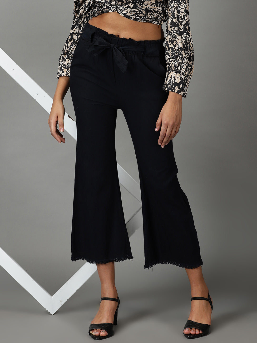Women's Black Denim Cropped Straight Fit Culottes