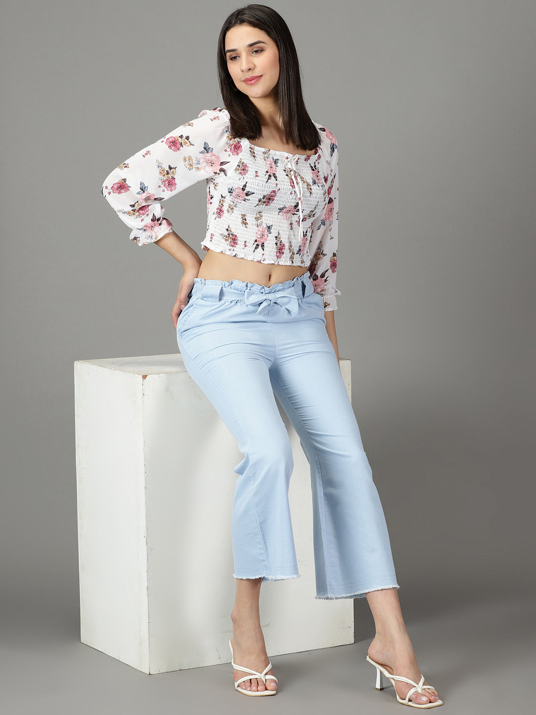 Women's Blue Relaxed Straight Fit High-Rise Trousers