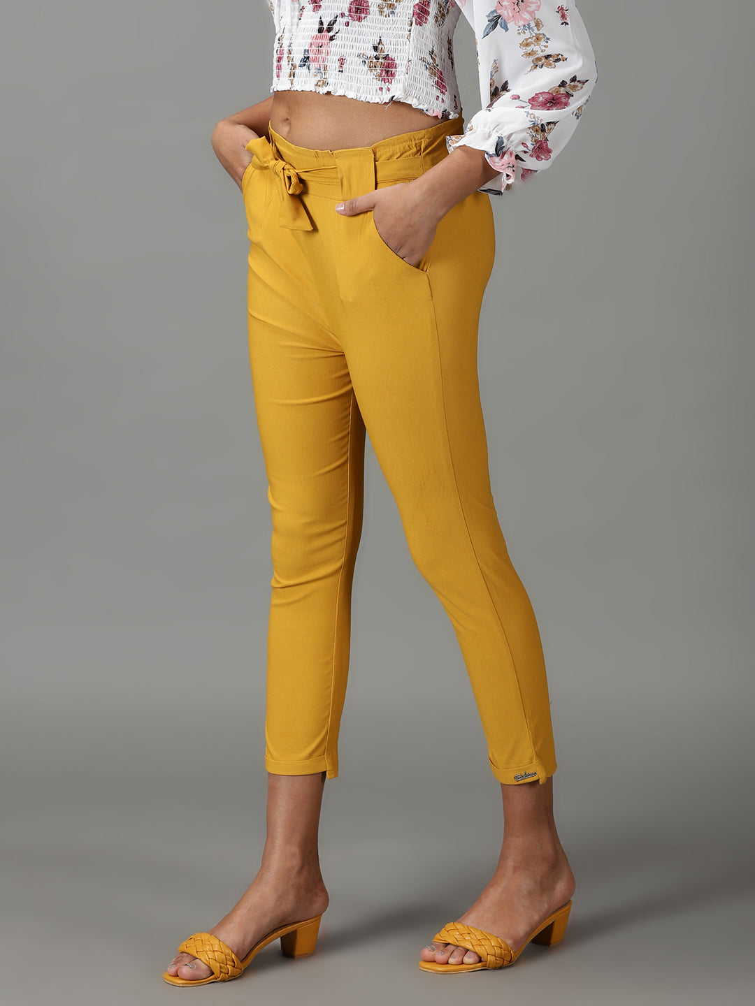 Women's Mustard Relaxed Slim Fit High-Rise Trousers