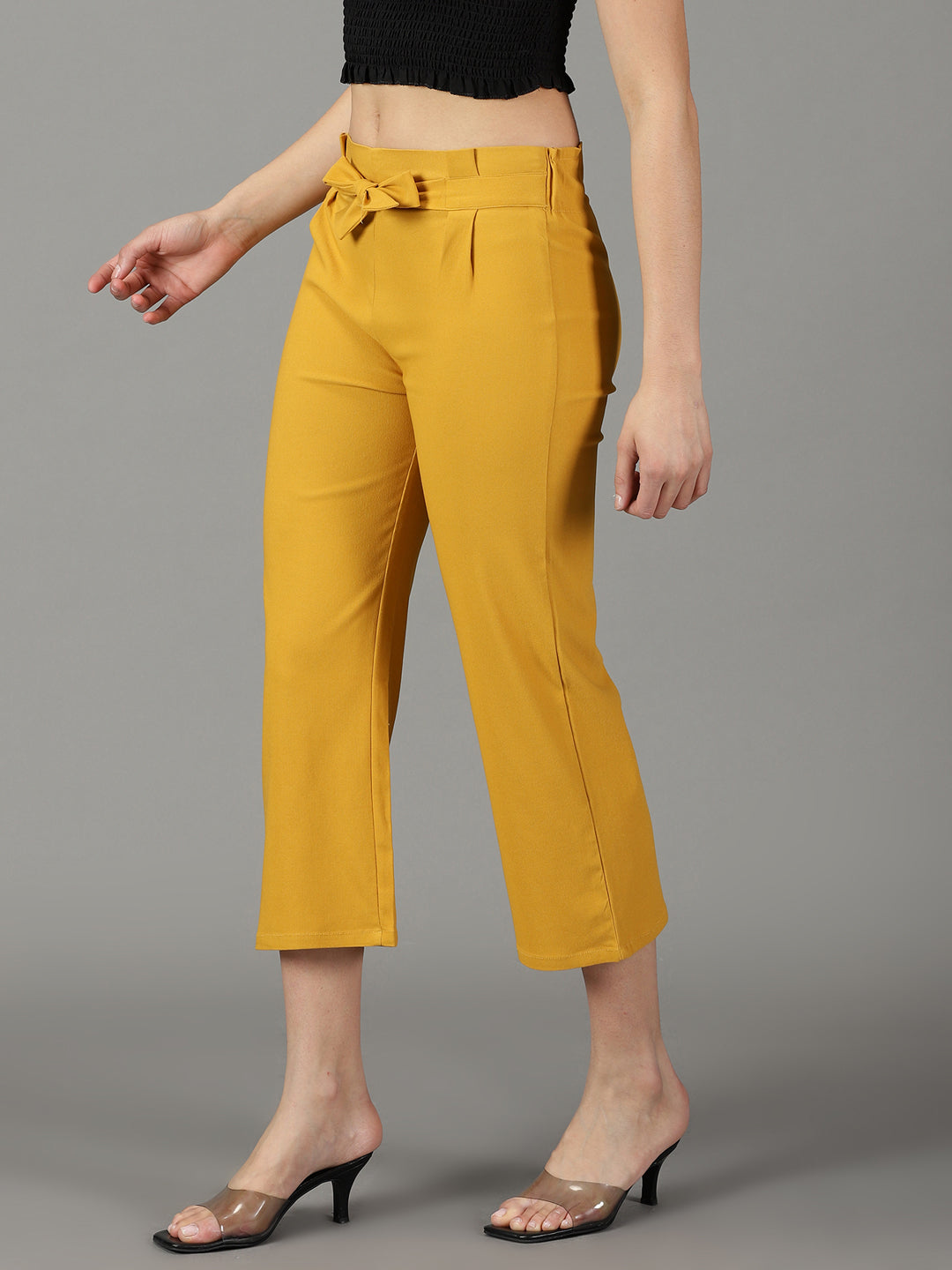 Women's Mustard Cotton Relaxed Straight Fit High-Rise Trousers
