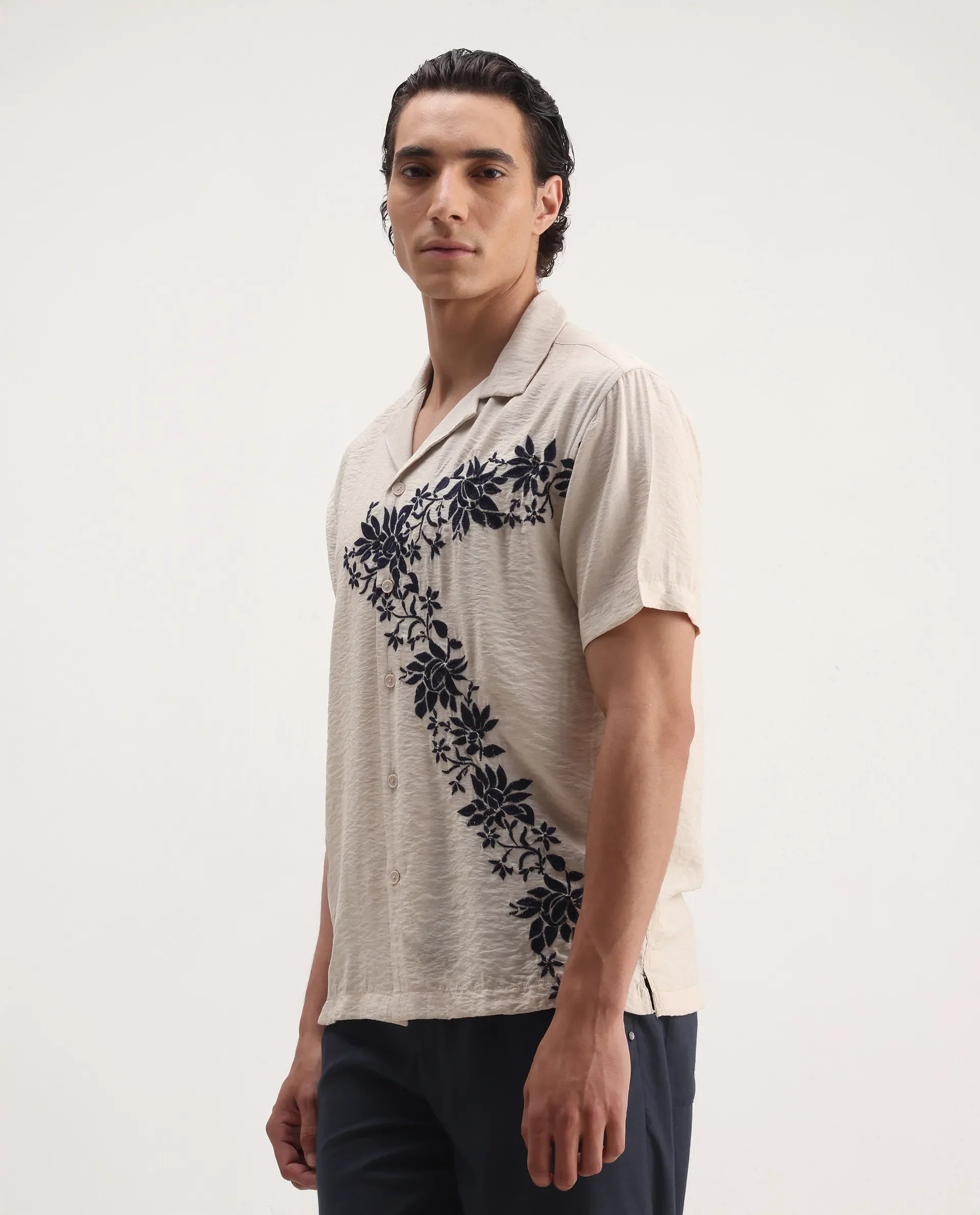 Rare Rabbit Men's Alix Beige Viscose Blend Embroidered Boxy Fit Half Sleeve Cuban Collar Shirt